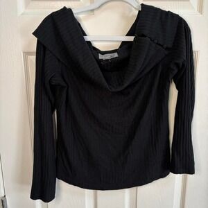 Anthropologie Womens Black Off the Shoulder Ribbed Knit Top 3 Side Buttons SZ M